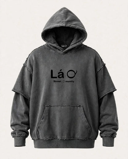 Lá Q - Snow Washed Raw Edge Double Layered Hoodie - Men view