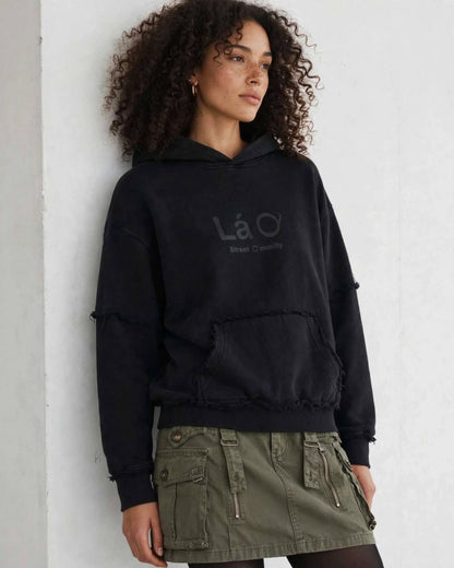 Lá Q - Snow Washed Raw Edge Double Layered Hoodie | Unisex