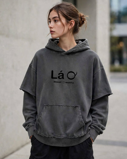 Lá Q - Snow Washed Raw Edge Double Layered Hoodie | Unisex