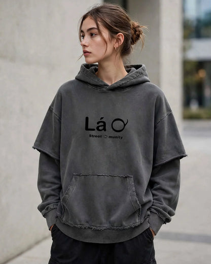 Lá Q - Snow Washed Raw Edge Double Layered Hoodie - Women view