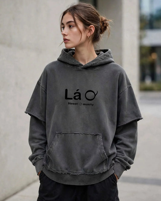 Lá Q - Snow Washed Raw Edge Double Layered Hoodie - Women view