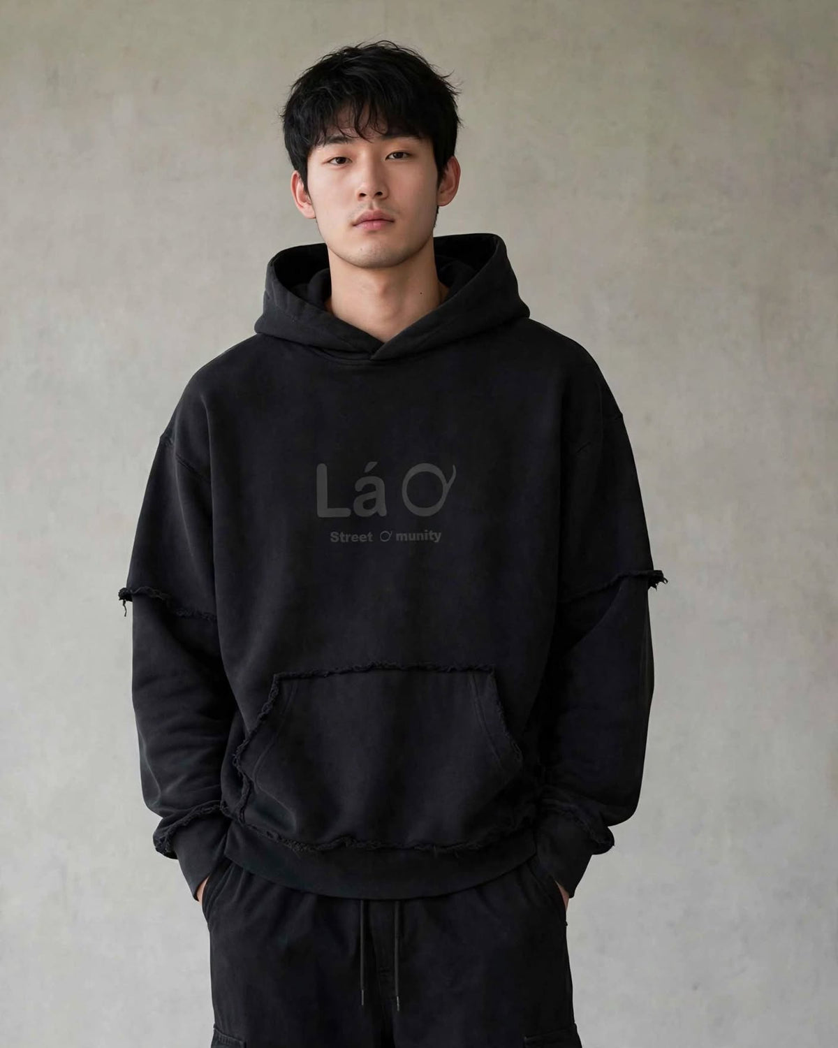 Lá Q - Snow Washed Raw Edge Double Layered Hoodie - Men view