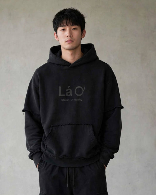 Lá Q - Snow Washed Raw Edge Double Layered Hoodie - Men view